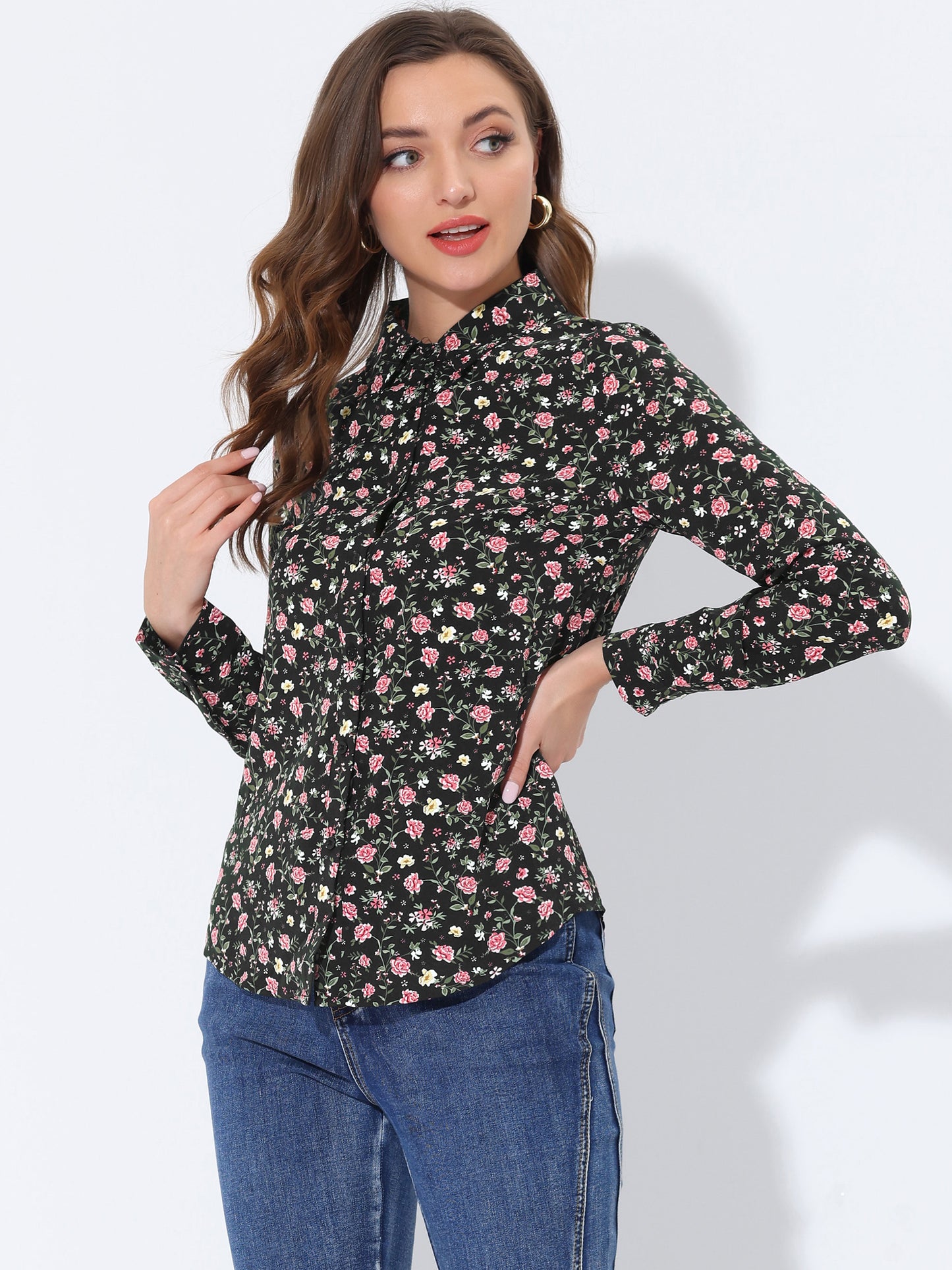 Women's Long Sleeve Button Down Ditsy Floral Shirt (Available in Plus Size)