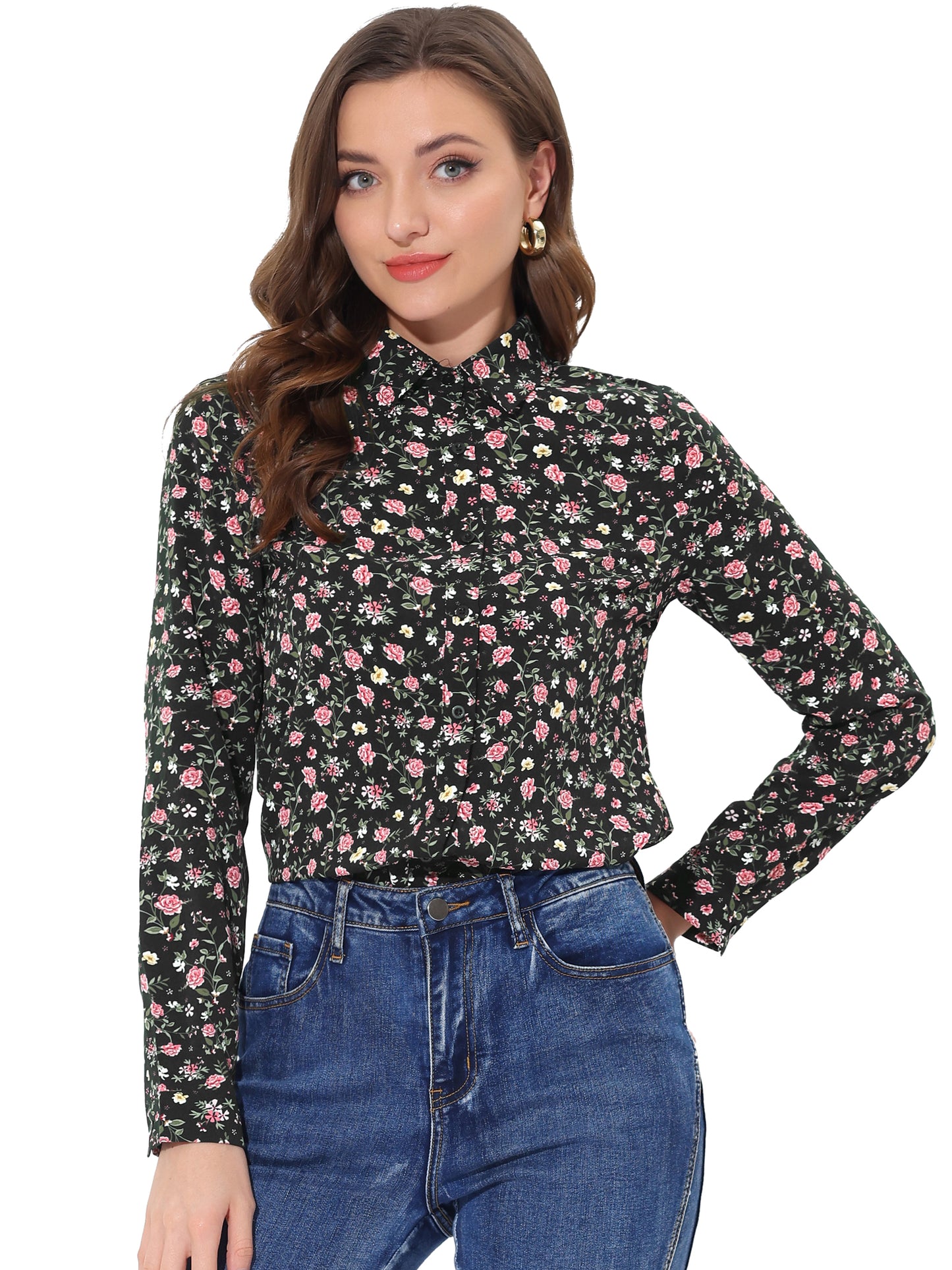 Women's Long Sleeve Button Down Ditsy Floral Shirt (Available in Plus Size)