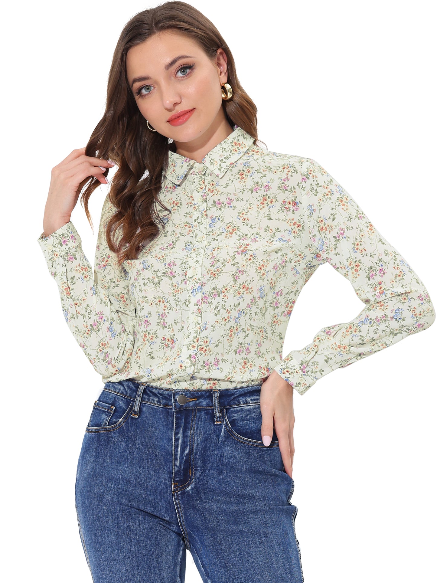 Women's Long Sleeve Button Down Ditsy Floral Shirt (Available in Plus Size)