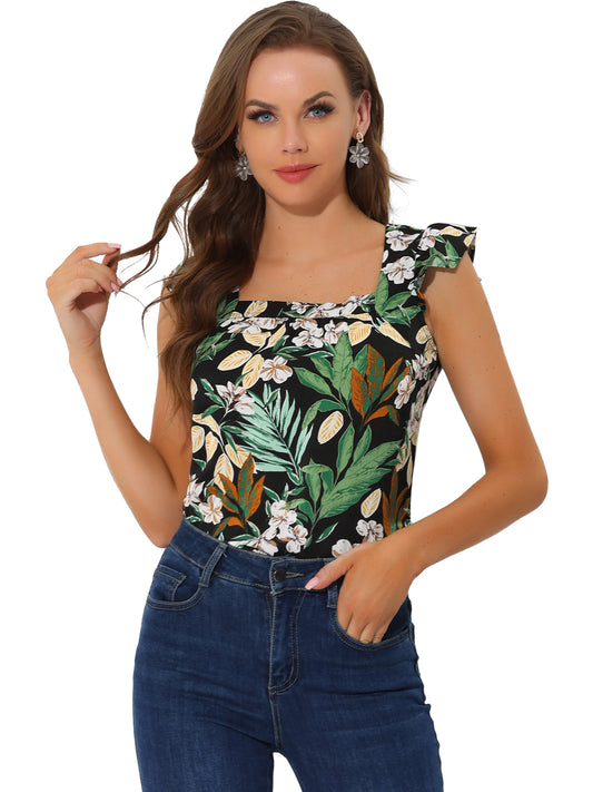 Women's Tropical Tank Top Floral Print Square Neck Summer Beach Vest Top