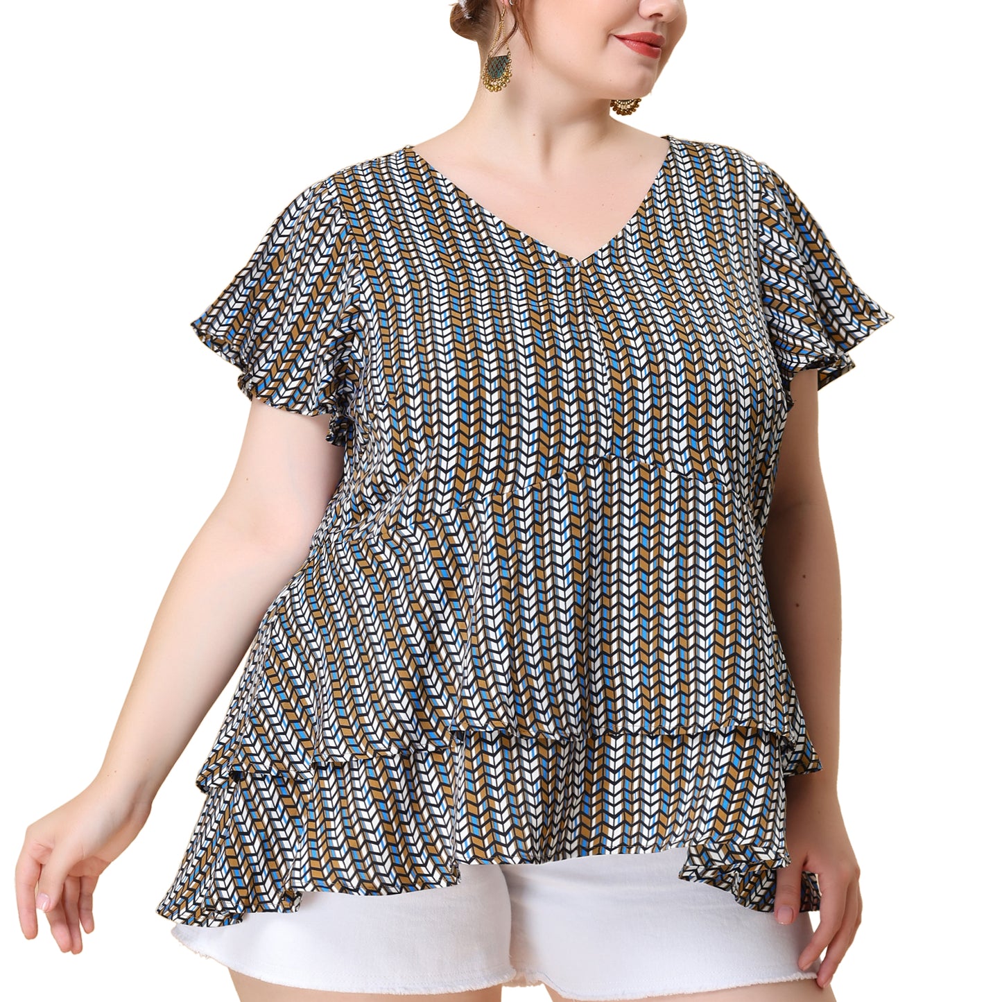 Women's Plus Size Summer Top V Neck Short Sleeve Peplum Geometric Print Layered Ruffle Blouse