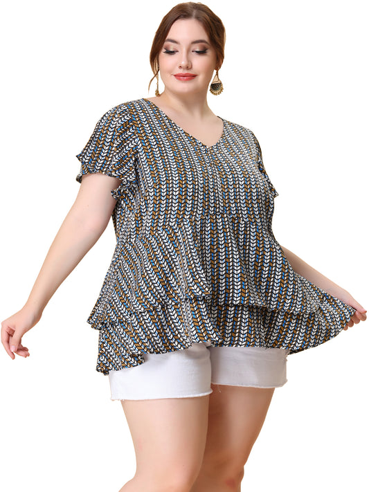 Women's Plus Size Summer Top V Neck Short Sleeve Peplum Geometric Print Layered Ruffle Blouse