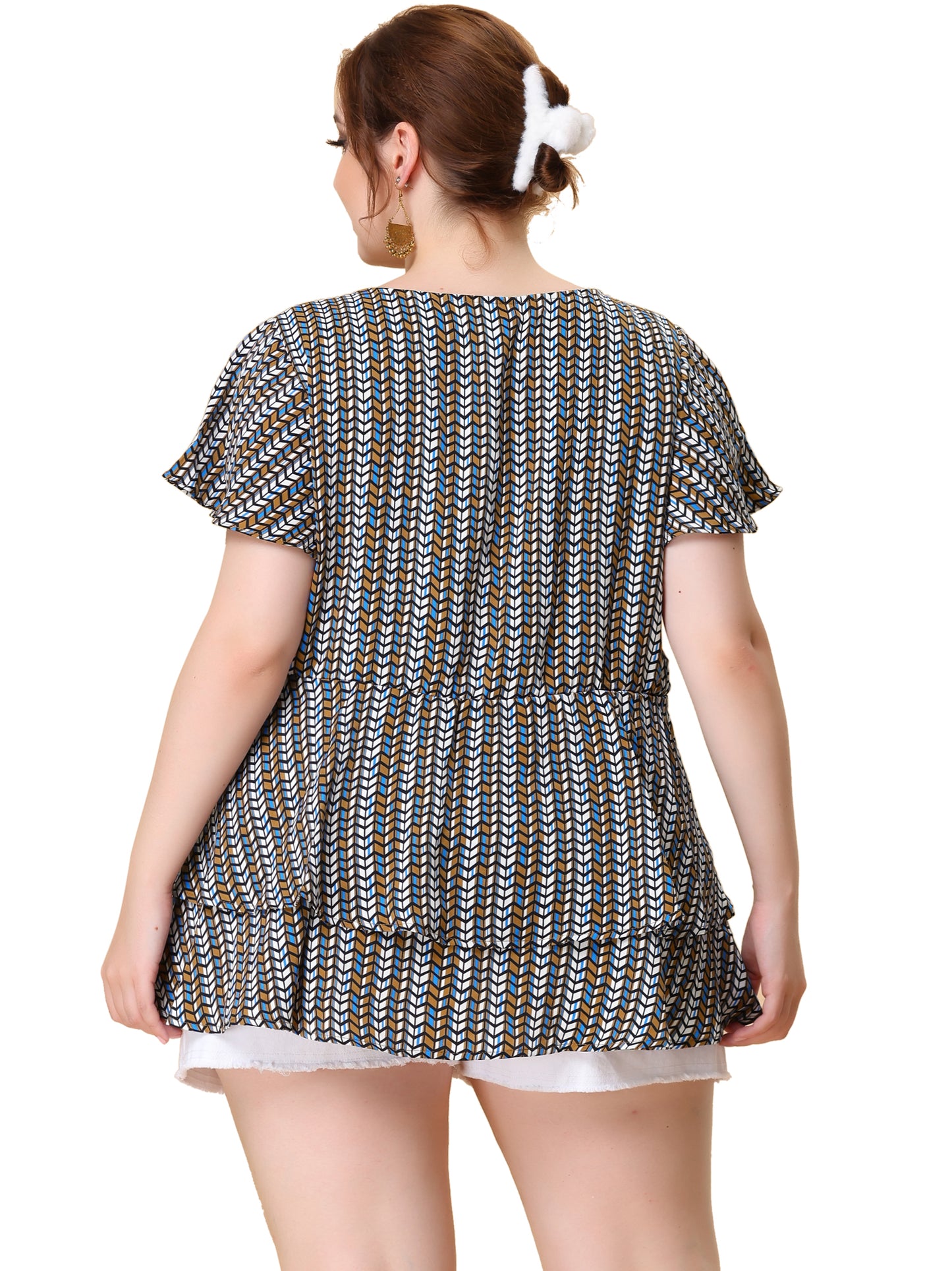 Women's Plus Size Summer Top V Neck Short Sleeve Peplum Geometric Print Layered Ruffle Blouse
