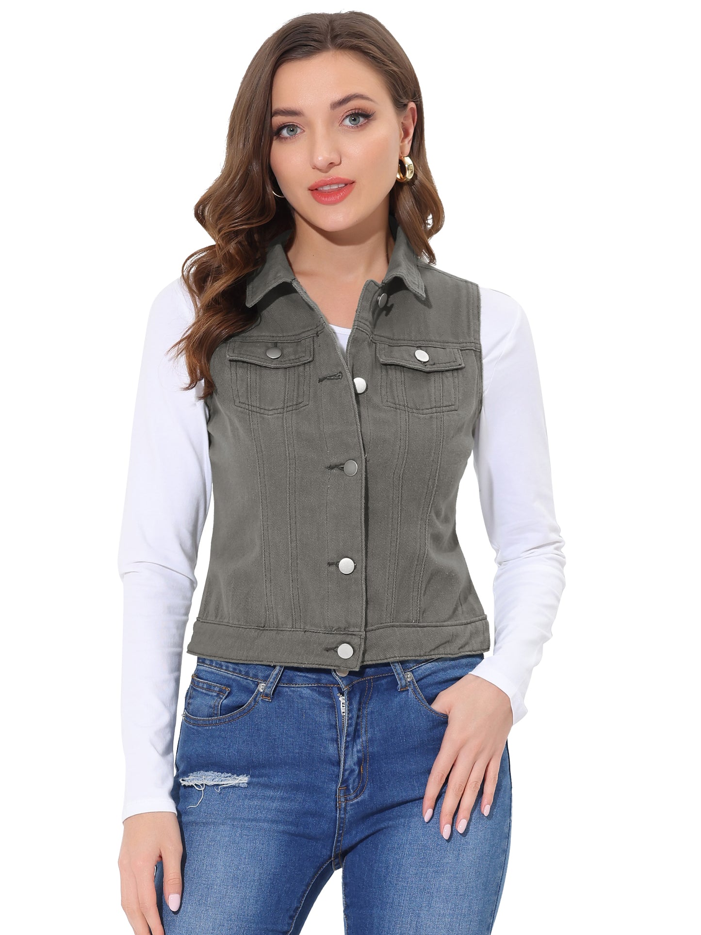 Women's Buttoned Washed Denim Vest Jacket W Chest Flap Pockets