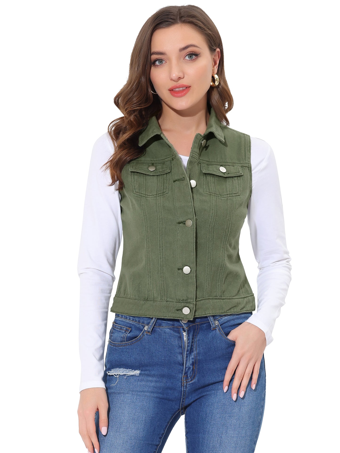 Women's Buttoned Washed Denim Vest Jacket W Chest Flap Pockets