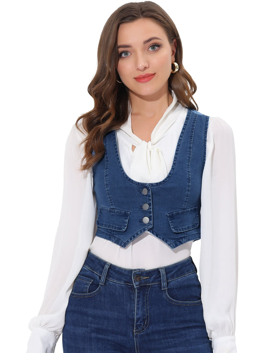 Women's Button Up Sleeveless Crop Jean Denim Vest