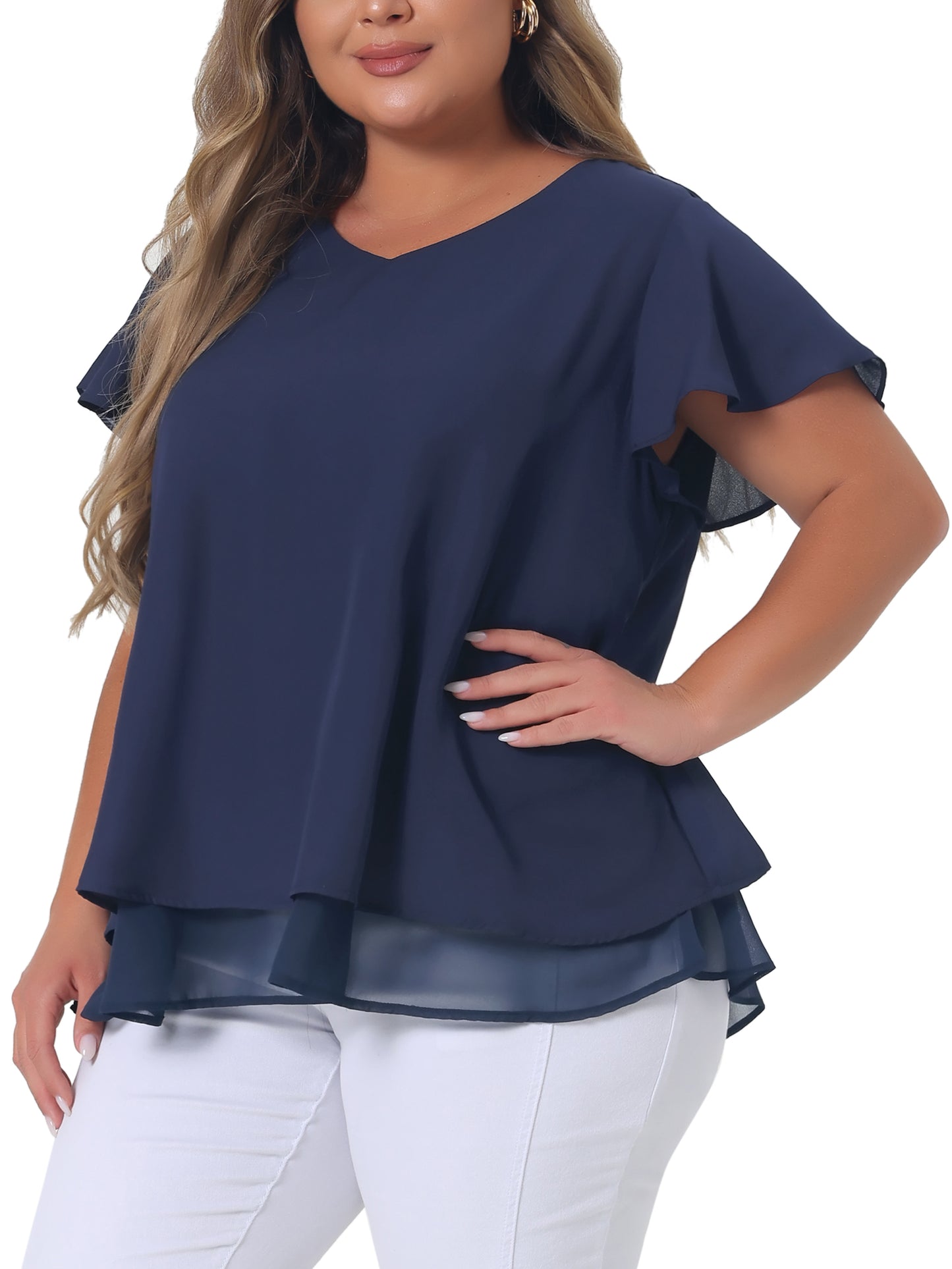 Women's Plus Size Summer Ruffle Short Sleeves V Neck Double Layered Hem Chiffon Blouse