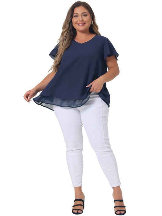 Blusa de gasa con cuello en V, mangas cortas y volantes de verano para mujer, talla grande
