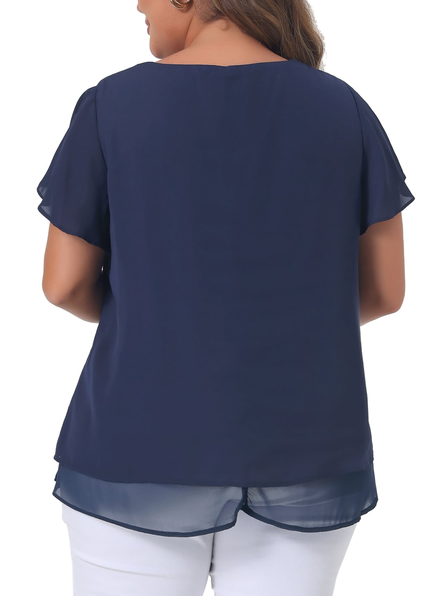Women's Plus Size Summer Ruffle Short Sleeves V Neck Double Layered Hem Chiffon Blouse