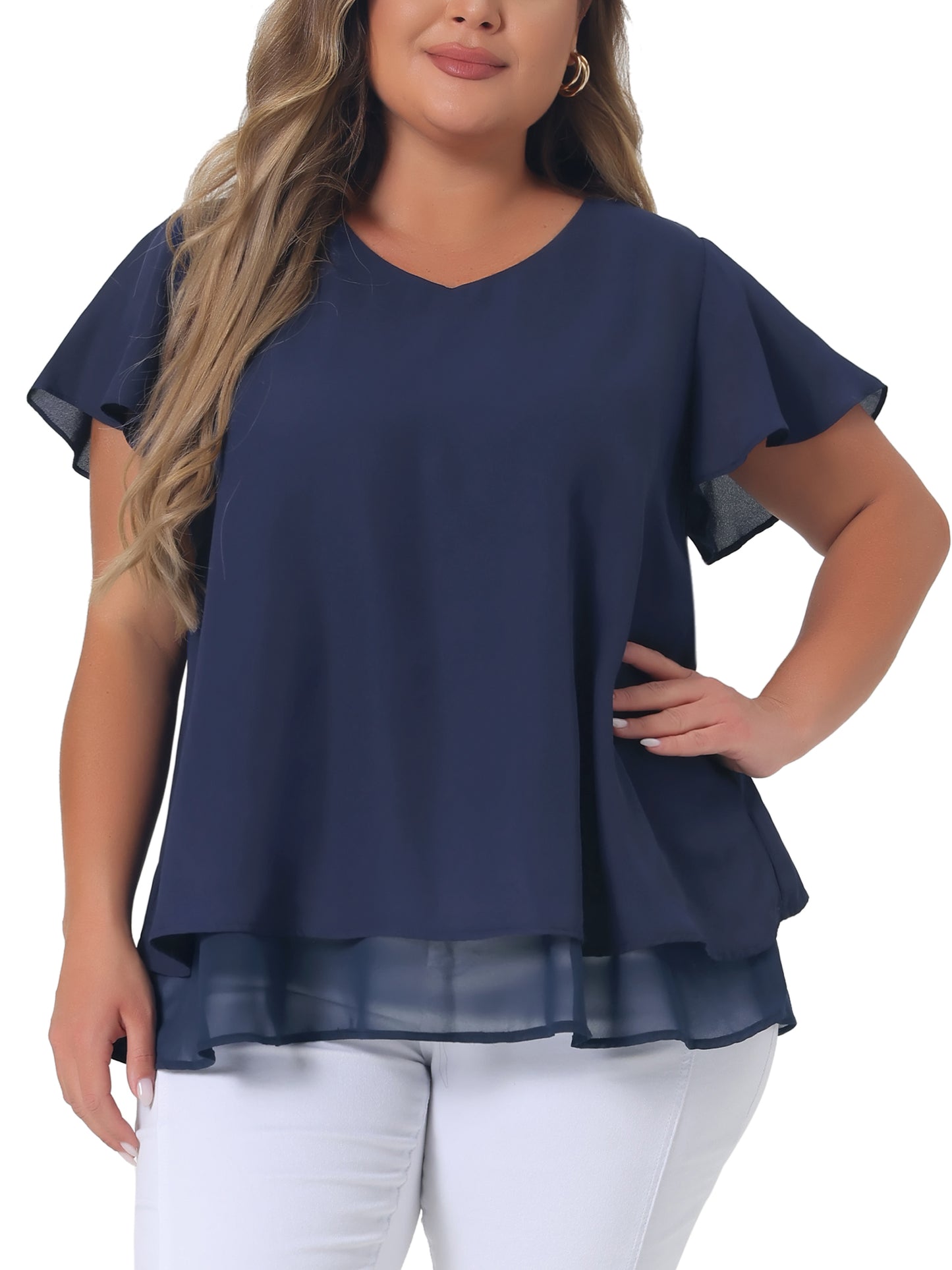 Women's Plus Size Summer Ruffle Short Sleeves V Neck Double Layered Hem Chiffon Blouse