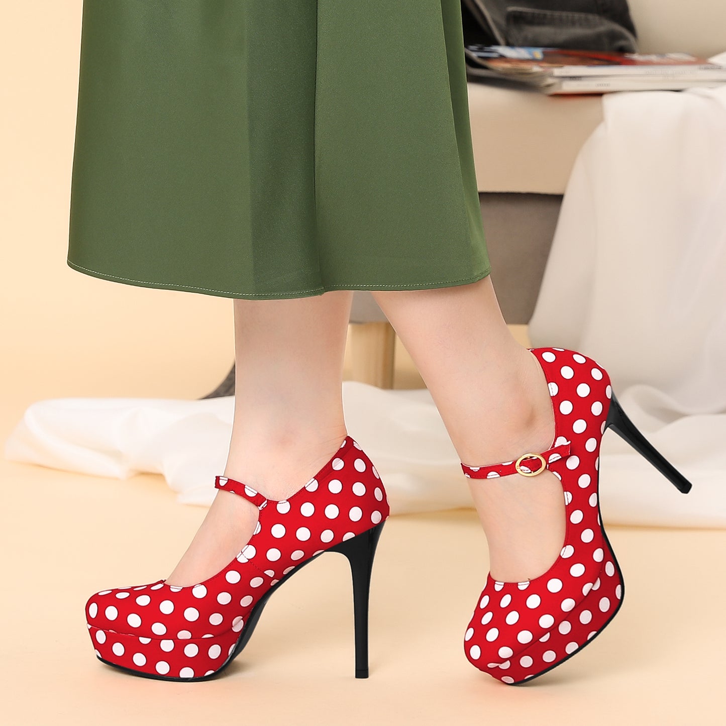 Zapatos Mary Jane de plataforma con lunares y tacón de aguja para mujer
