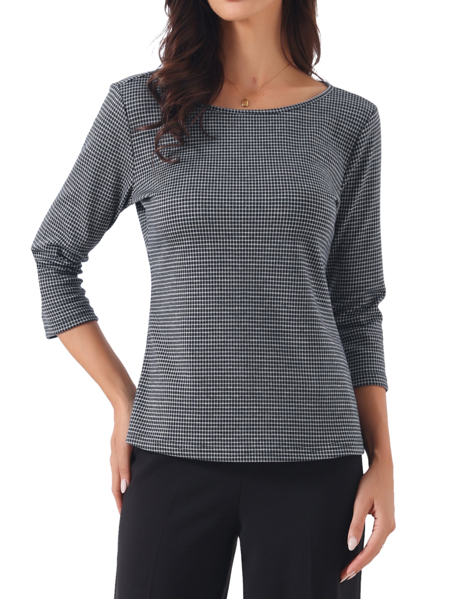 Women Houndstooth Plaid Boat Neck 3/4 Sleeve Blouse Fall Outfits