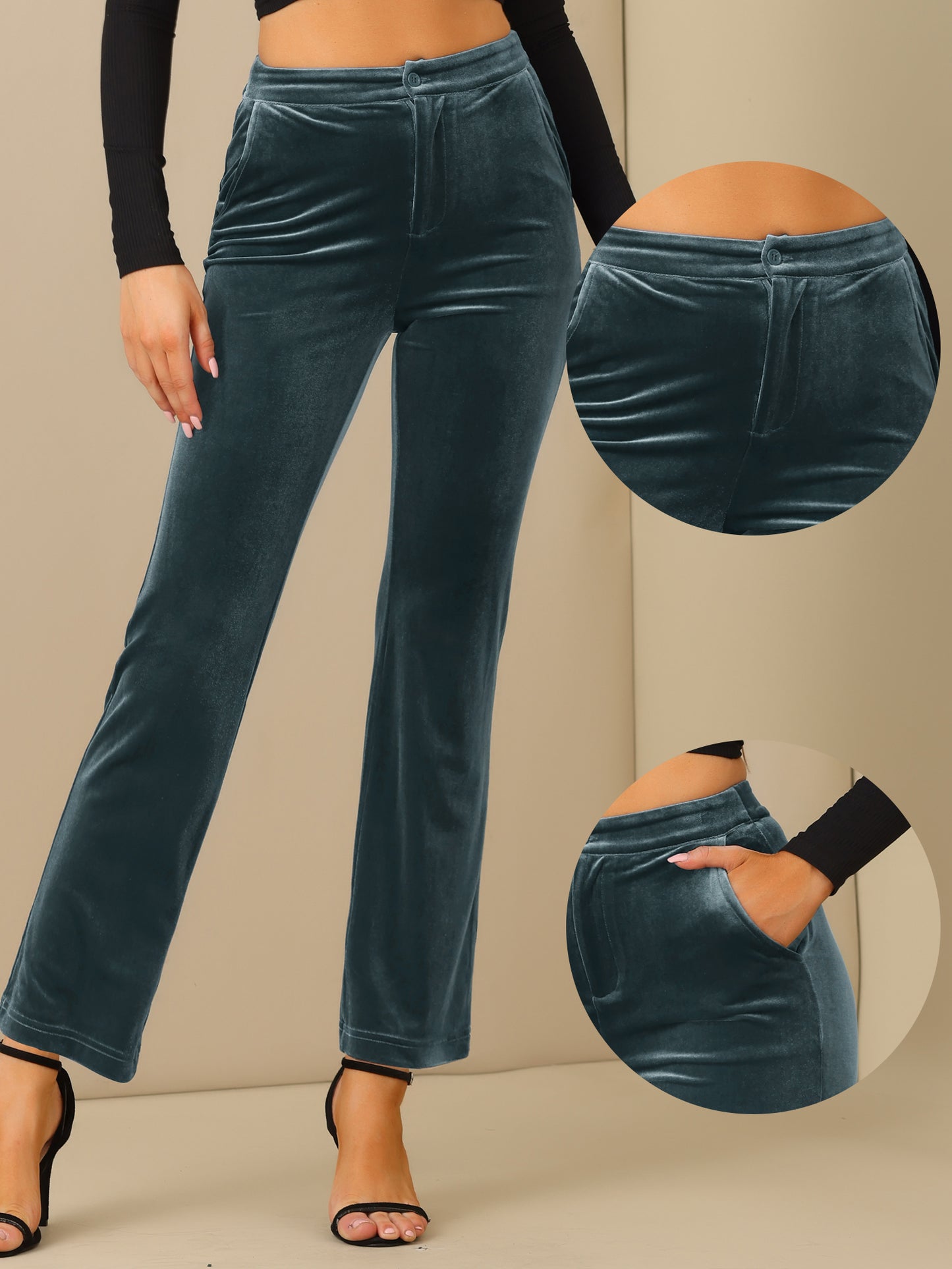 Women's Velvet Elegant High Waist Trousers with Pockets Work Ankle Pants
