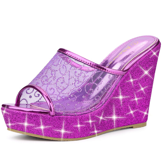 Women's Glitter Platform Wedges Slip On Wedge Sandals