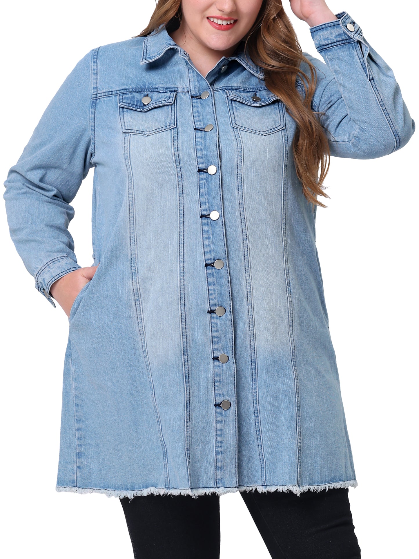 Chaqueta vaquera de talla grande para mujer, informal, larga, desgastada, con botones y bolsillos.