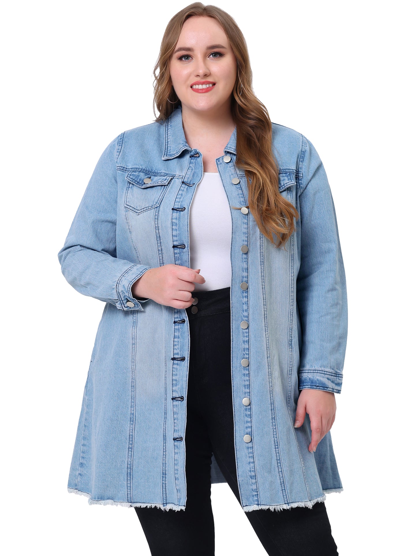 Chaqueta vaquera de talla grande para mujer, informal, larga, desgastada, con botones y bolsillos.