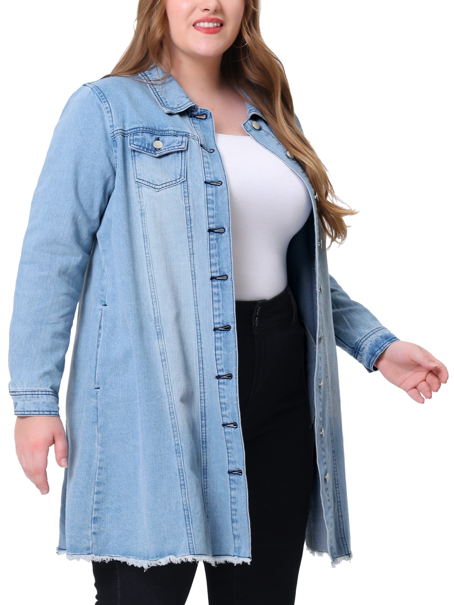 Chaqueta vaquera de talla grande para mujer, informal, larga, desgastada, con botones y bolsillos.