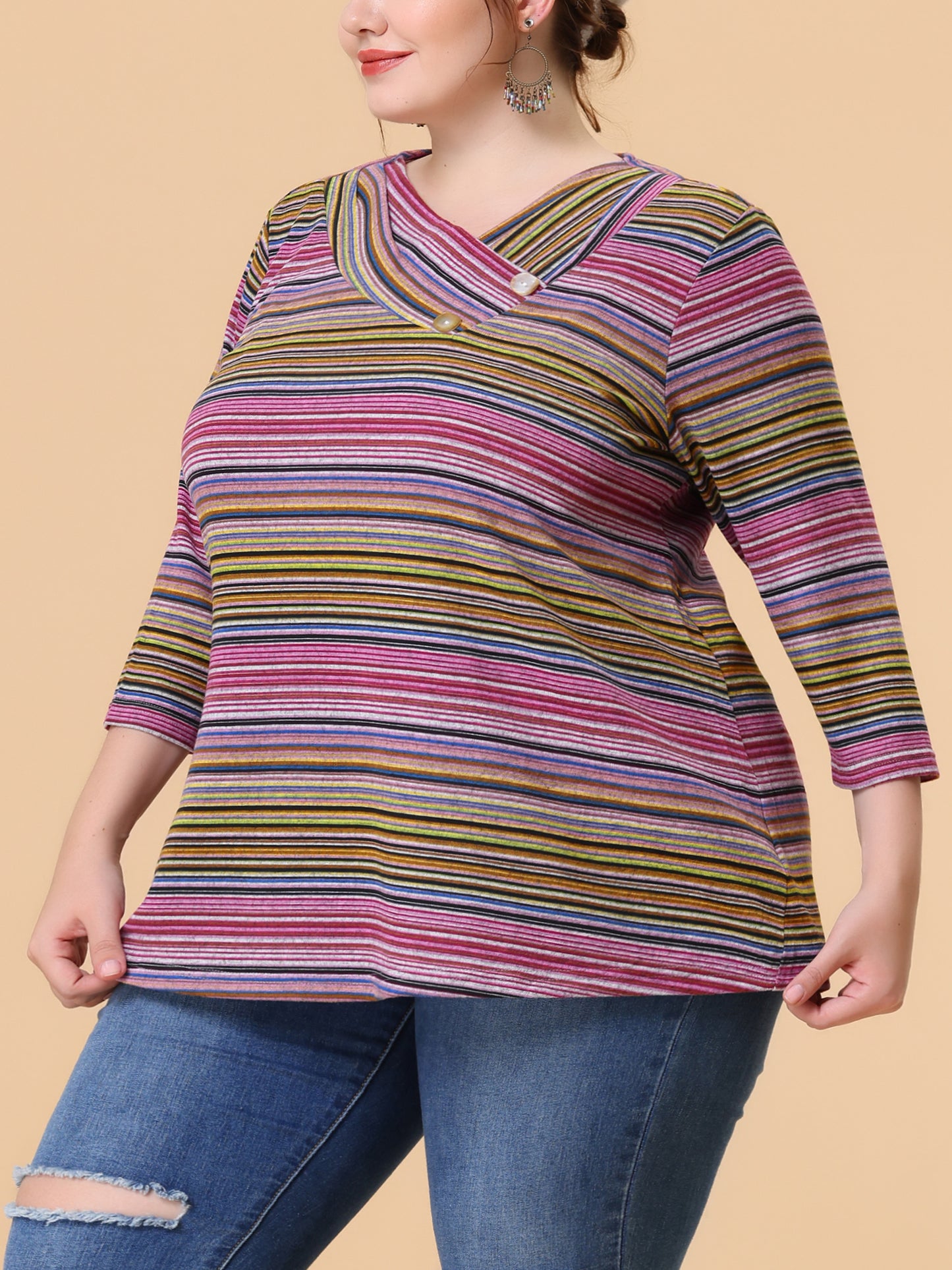 Women Plus Size Top 3/4 Sleeve Knit Striped Boho Asymmetric Neck T-Shirt Blouse