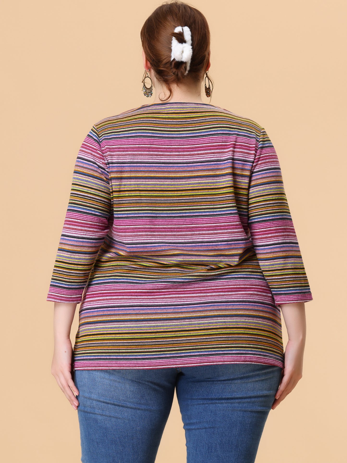 Women Plus Size Top 3/4 Sleeve Knit Striped Boho Asymmetric Neck T-Shirt Blouse