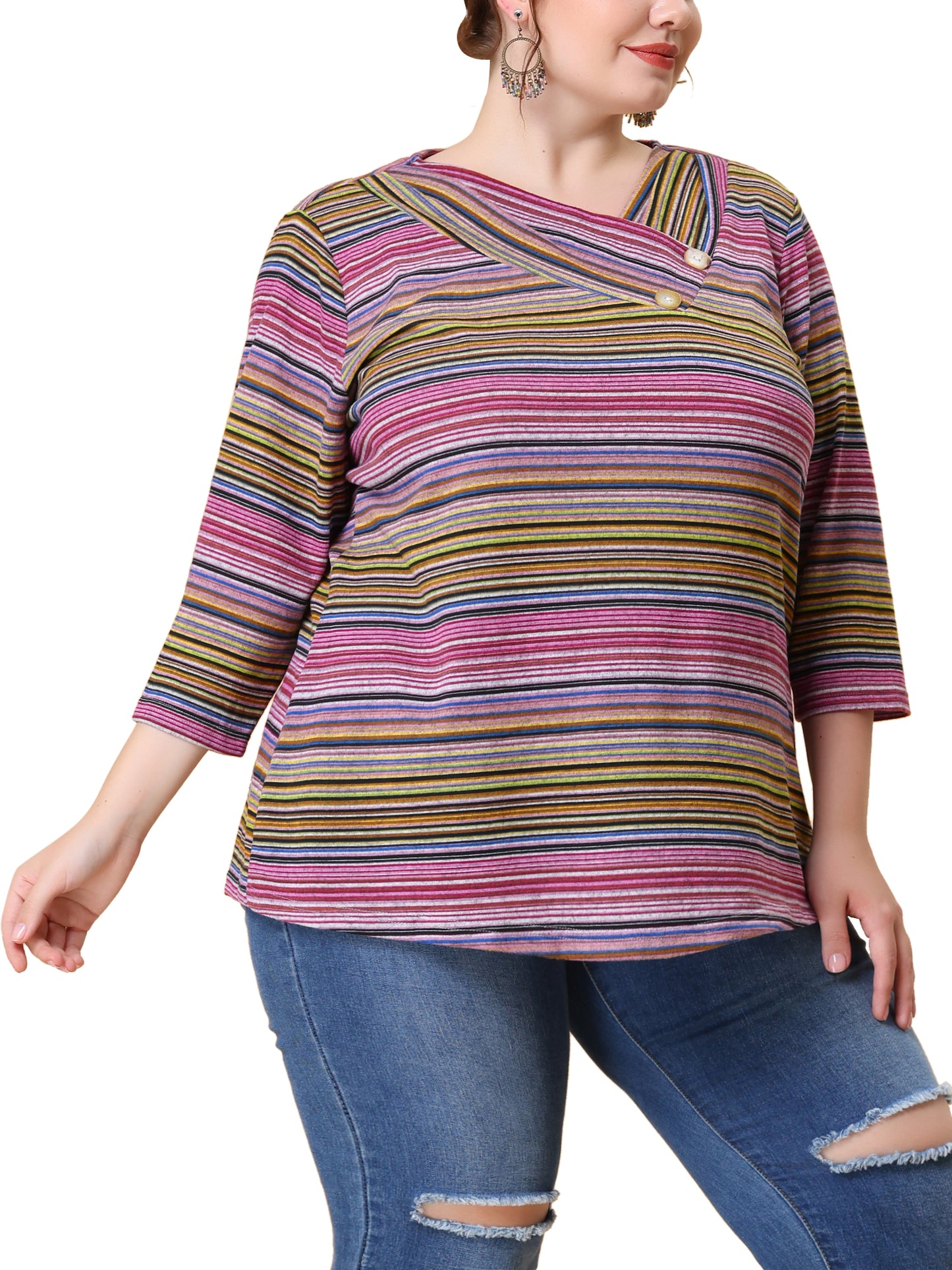 Women Plus Size Top 3/4 Sleeve Knit Striped Boho Asymmetric Neck T-Shirt Blouse