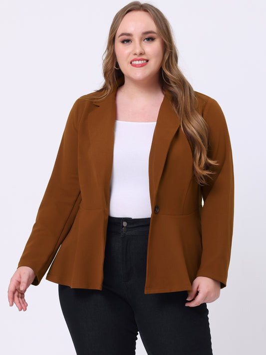 Blazer de talla grande para mujer, con volantes, cuello en V, manga larga, panel con muescas, botones, peplum, para oficina y trabajo