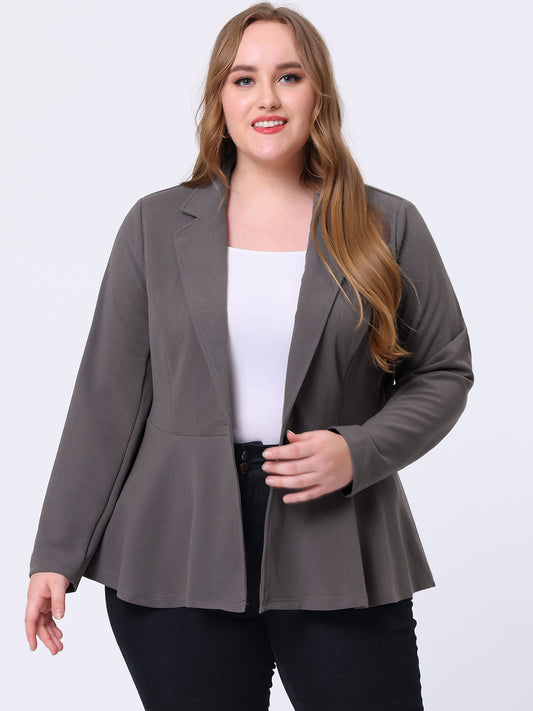 Women's Plus Size Blazer Ruffle V Neck Long Sleeve Notch Panel Button Peplum Work Office Blazers