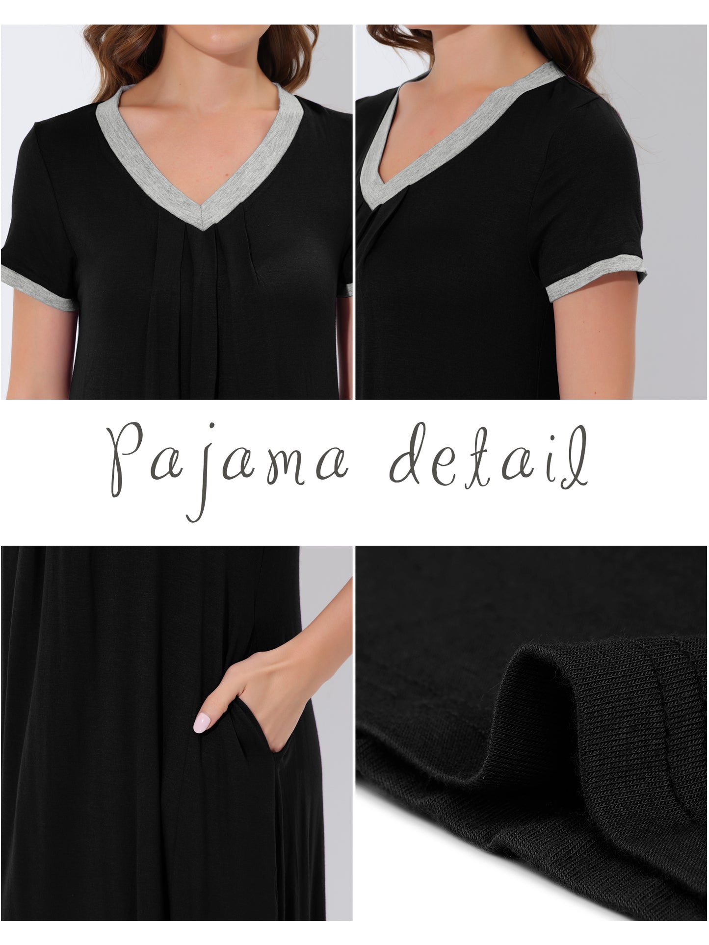 cheibear Pajama Dress Nightshirt Sleepwear V-Neck with Pockets Lounge Nightgown Black