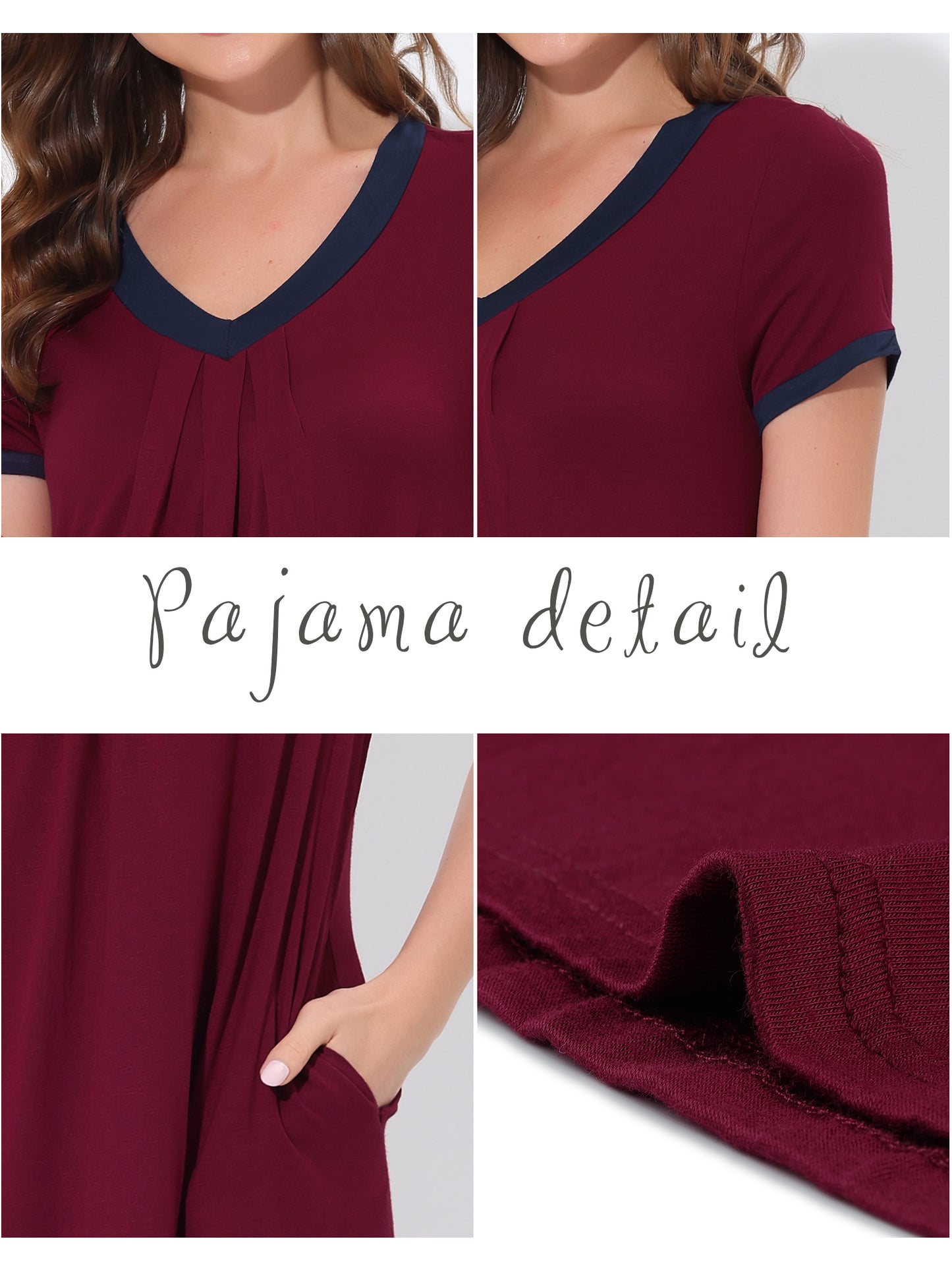 cheibear Pajama Dress Nightshirt Sleepwear V-Neck with Pockets Lounge Nightgown Red