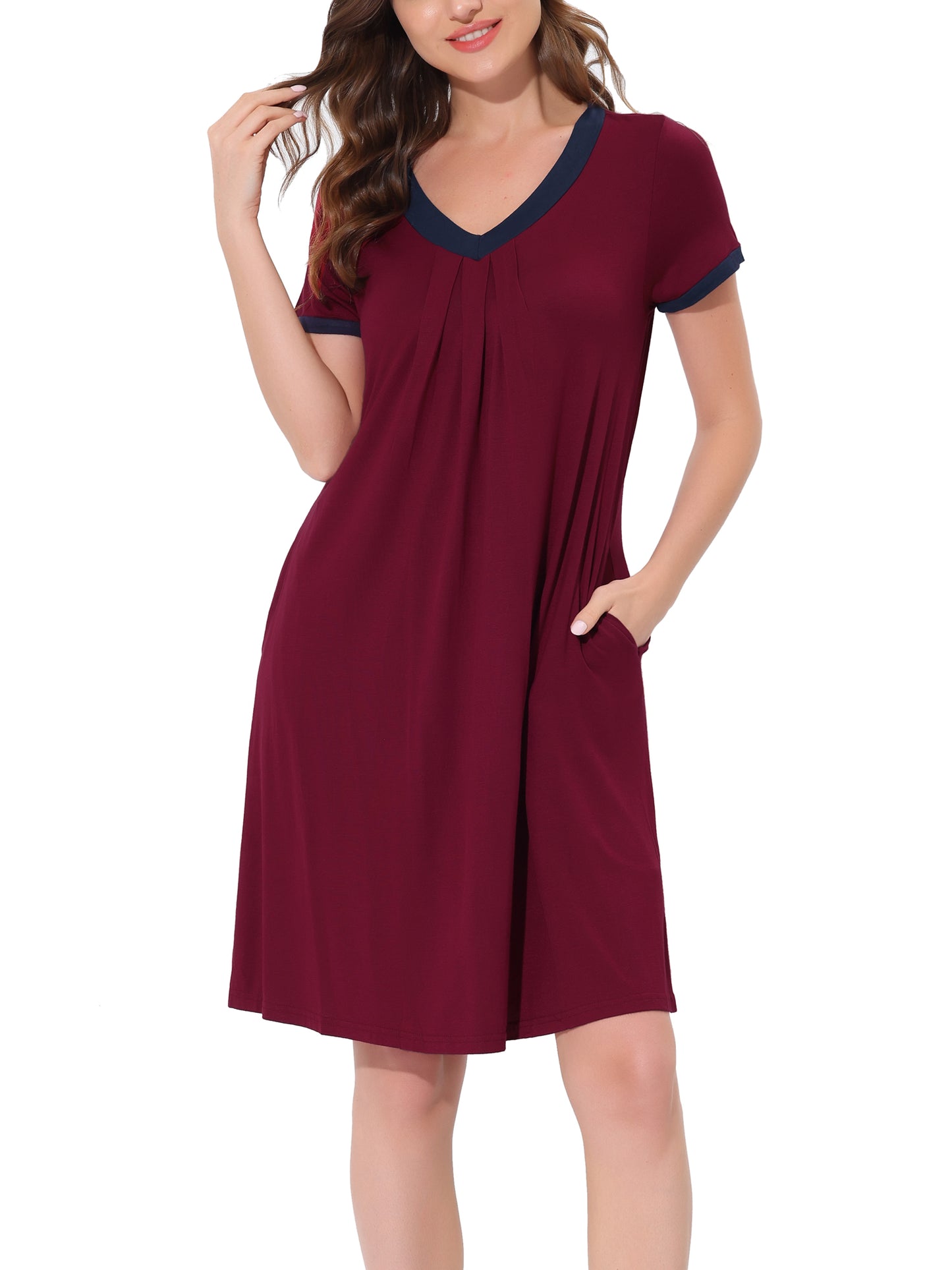 cheibear Pajama Dress Nightshirt Sleepwear V-Neck with Pockets Lounge Nightgown Red
