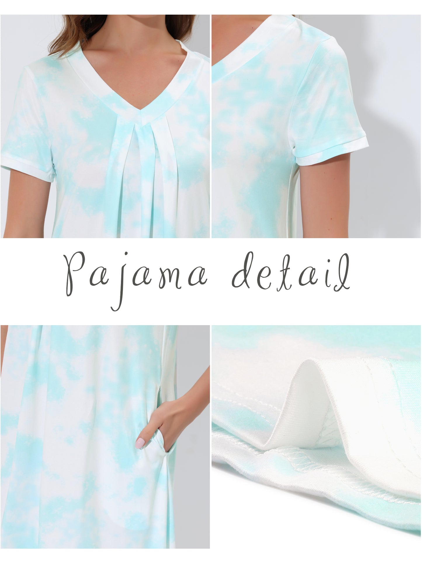 cheibear Pajama Dress Nightshirt Sleepwear V-Neck with Pockets Lounge Nightgown Green