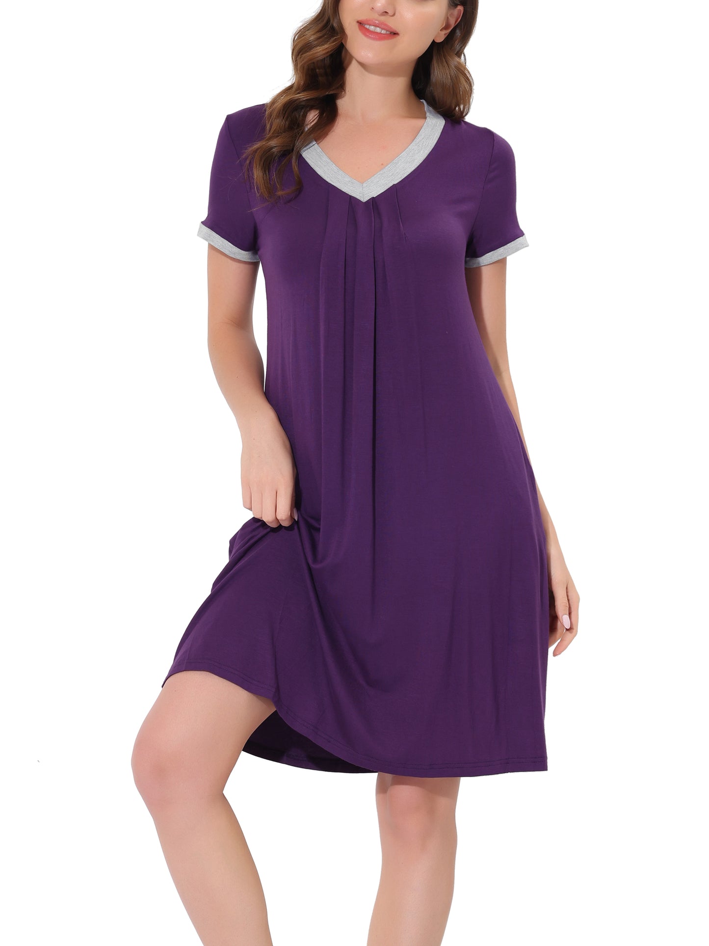 cheibear Pajama Dress Nightshirt Sleepwear V-Neck with Pockets Lounge Nightgown Purple