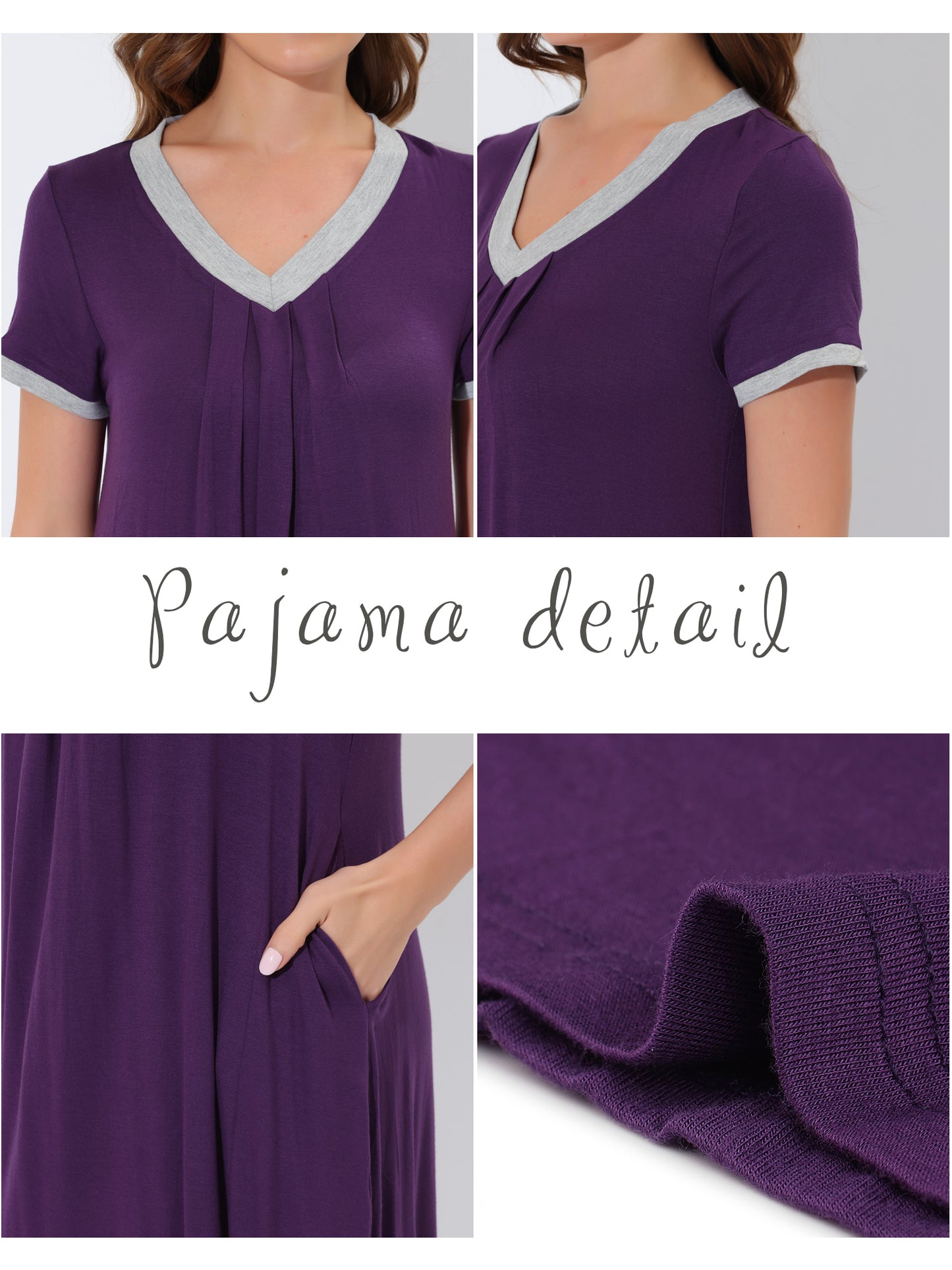 cheibear Pajama Dress Nightshirt Sleepwear V-Neck with Pockets Lounge Nightgown Purple