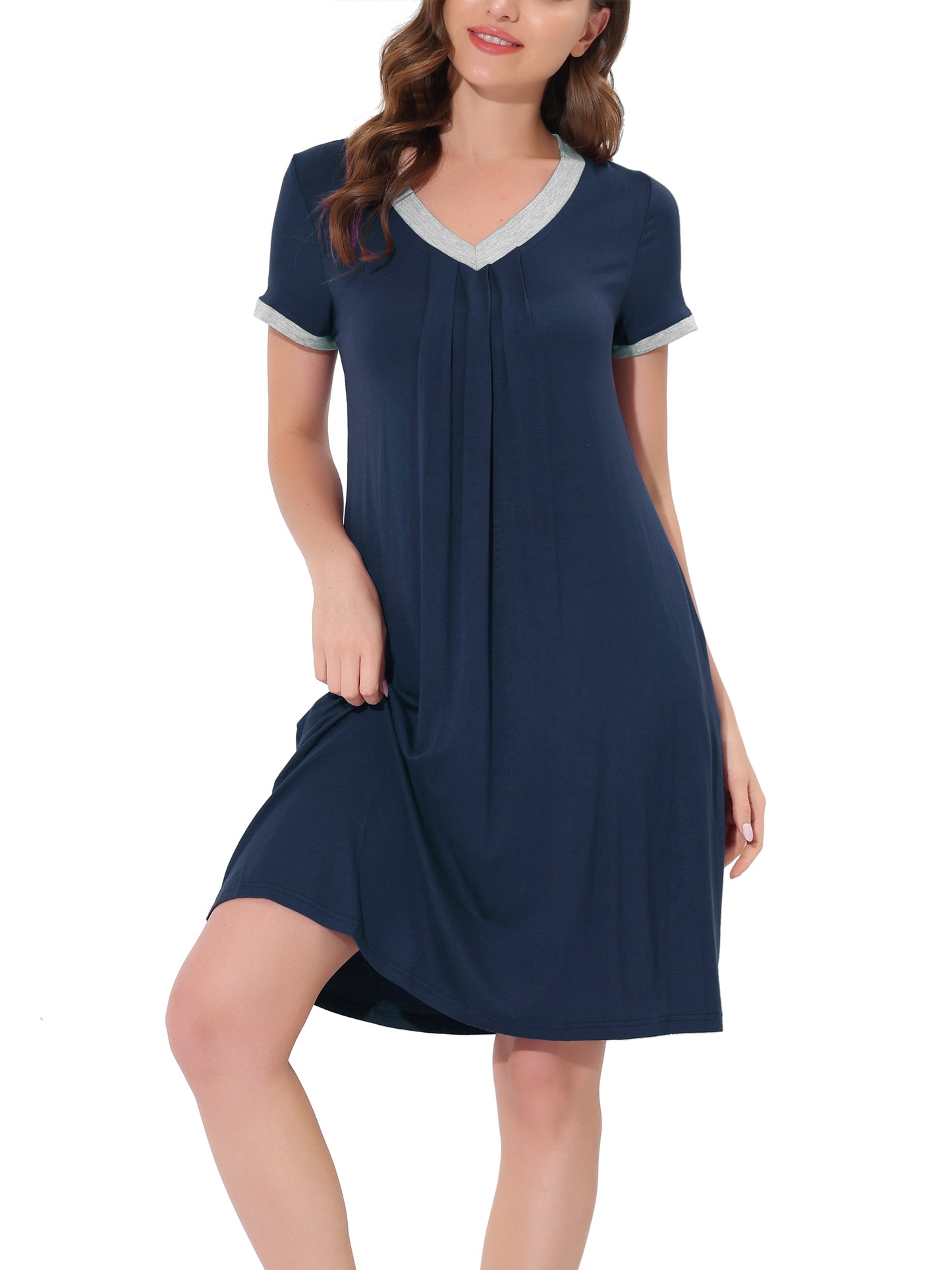 cheibear Pajama Dress Nightshirt Sleepwear V-Neck with Pockets Lounge Nightgown Blue