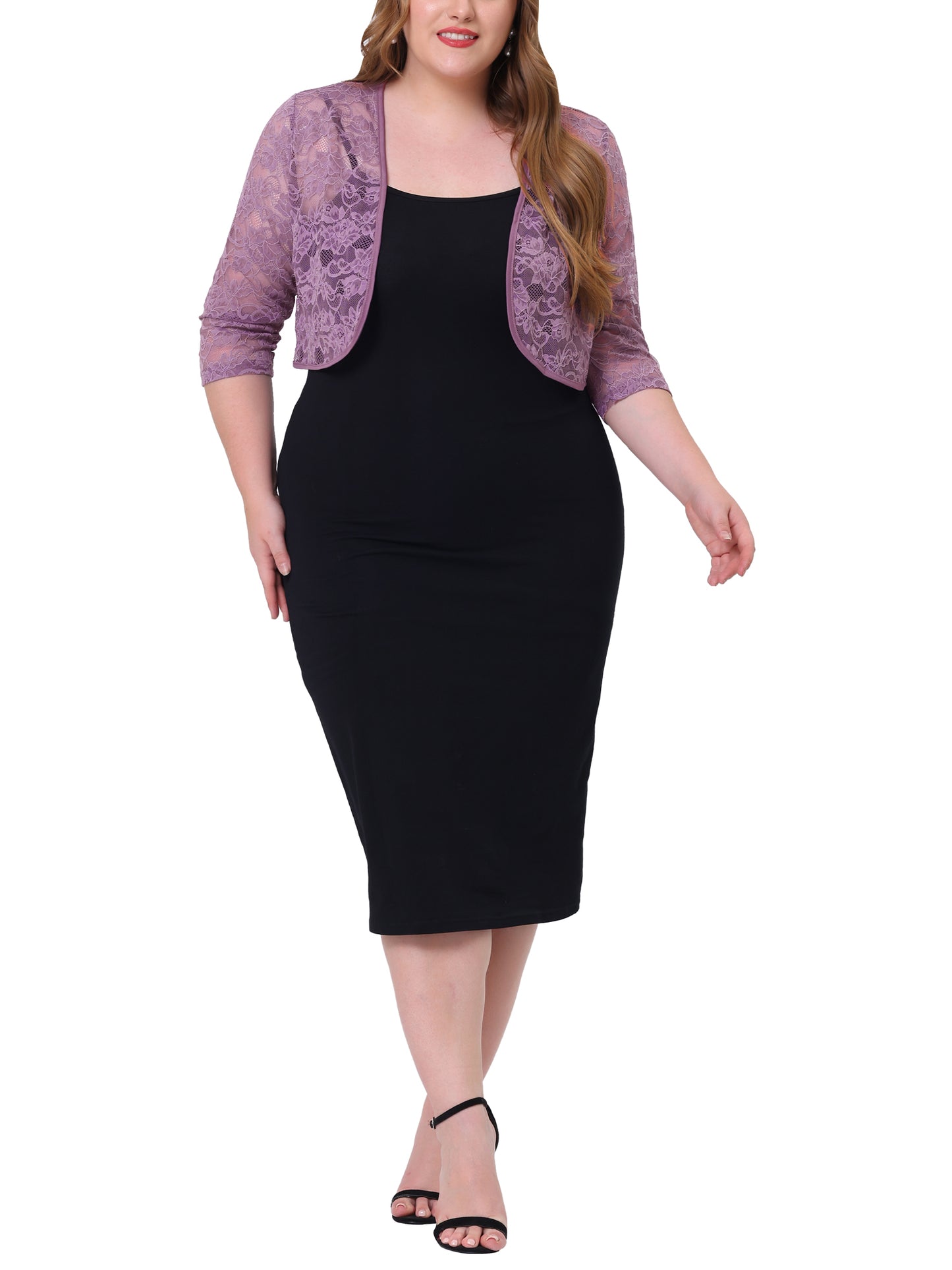 Women Plus Size Floral Lace Shrug Elegant 3/4 Sleeve Lightweight Sheer Bolero Cardigan