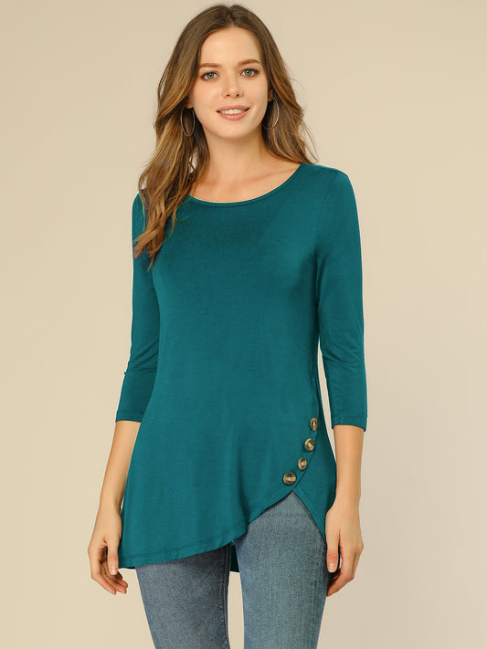 Women's Tunic T-shirt Loose Asymmetry Hem 3/4 Sleeve Round Neck Casual Basic Top