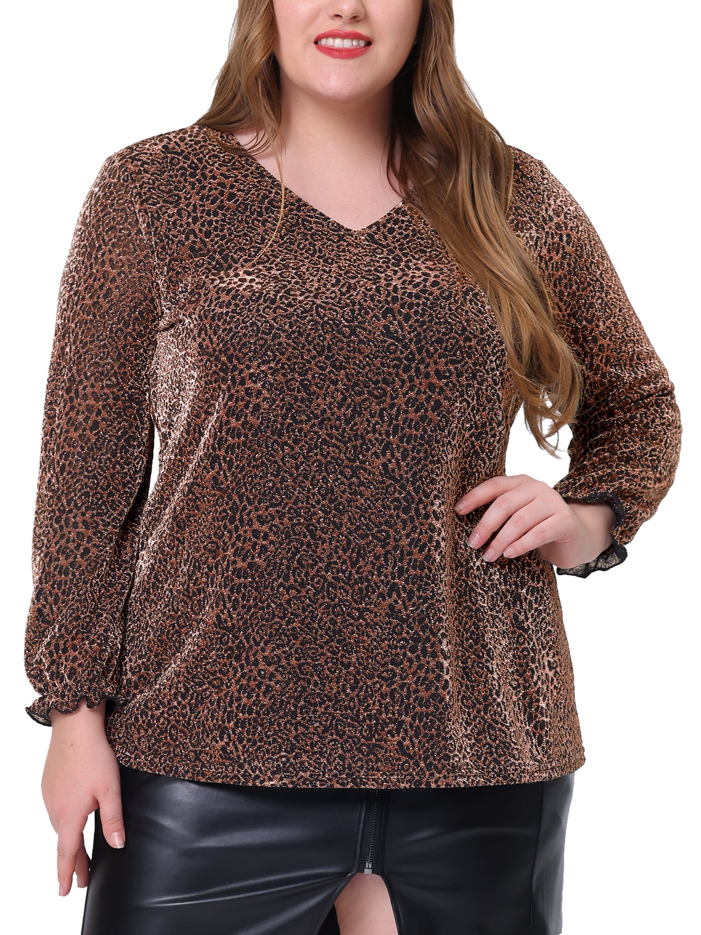 Women's Plus Size Metallic Party Glitter Long Sleeve Shiny Disco Sparkle Top