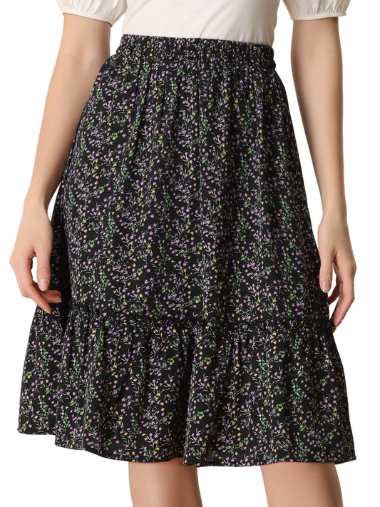 Women's Knee Length Skirt Floral Elastic Waist Flowy Tiered A-Line Ruffle Skirt (Available in Plus Size)