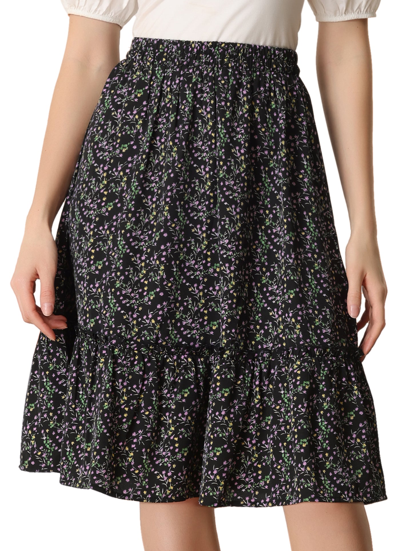 Women's Knee Length Skirt Floral Elastic Waist Flowy Tiered A-Line Ruffle Skirt (Available in Plus Size)
