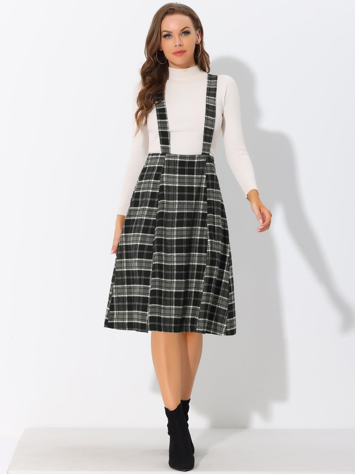 Women's Tartan Plaid Suspender Skirt Vintage High Waist A-Line Midi Overall Dress