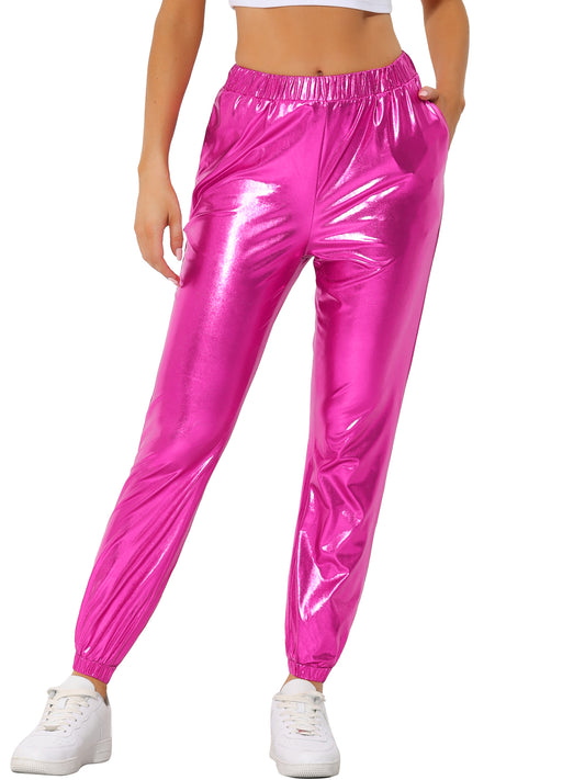 Pantalones metálicos para mujer, con cintura elástica, brillantes y holográficos