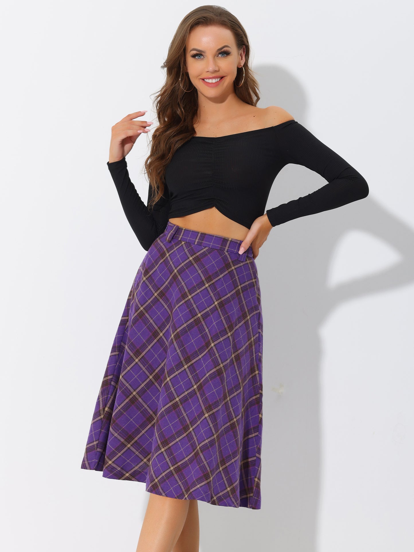 Women's Tartan Plaid High Waist Belted Vintage A-Line Midi Skirt