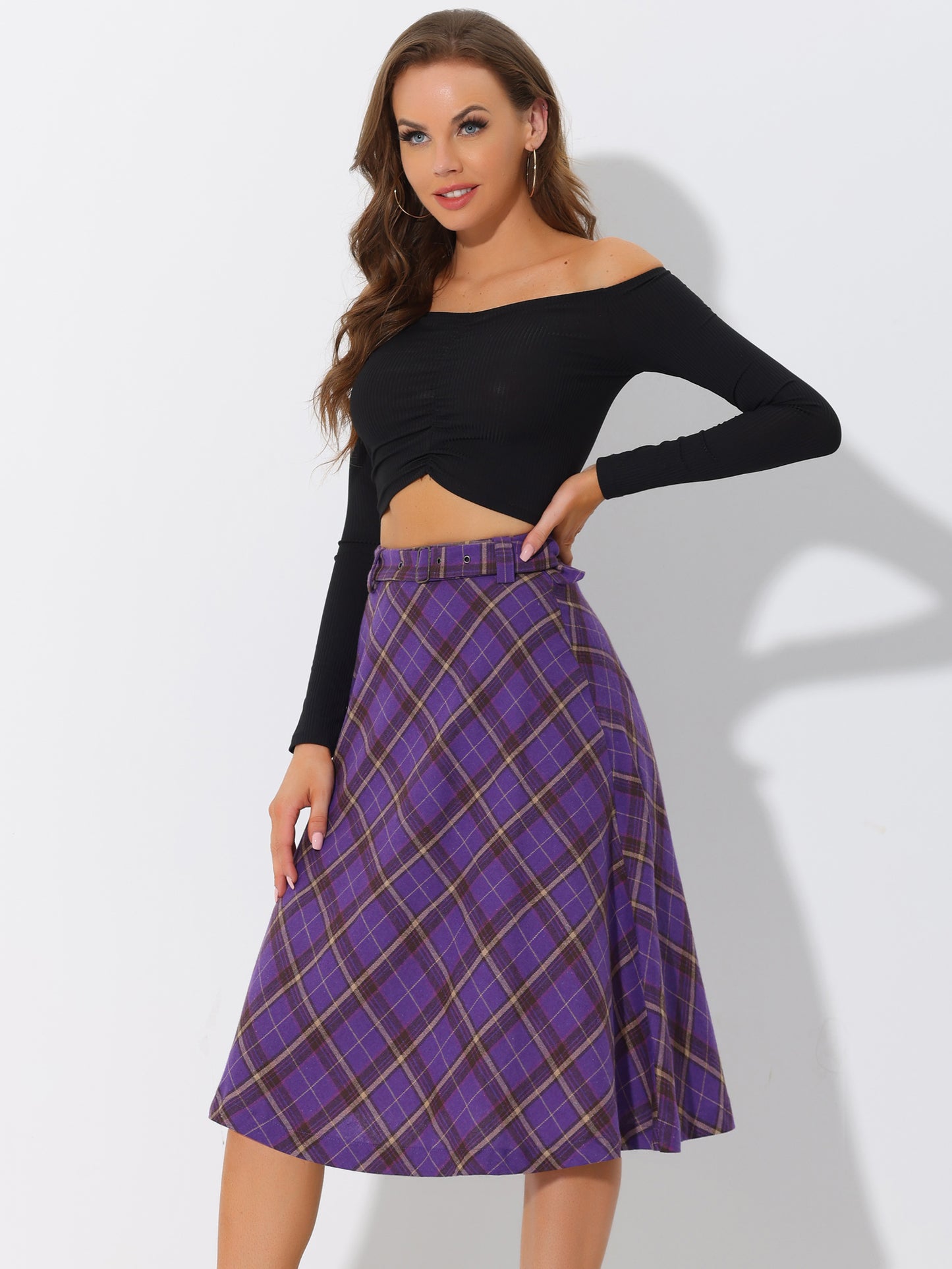 Women's Tartan Plaid High Waist Belted Vintage A-Line Midi Skirt