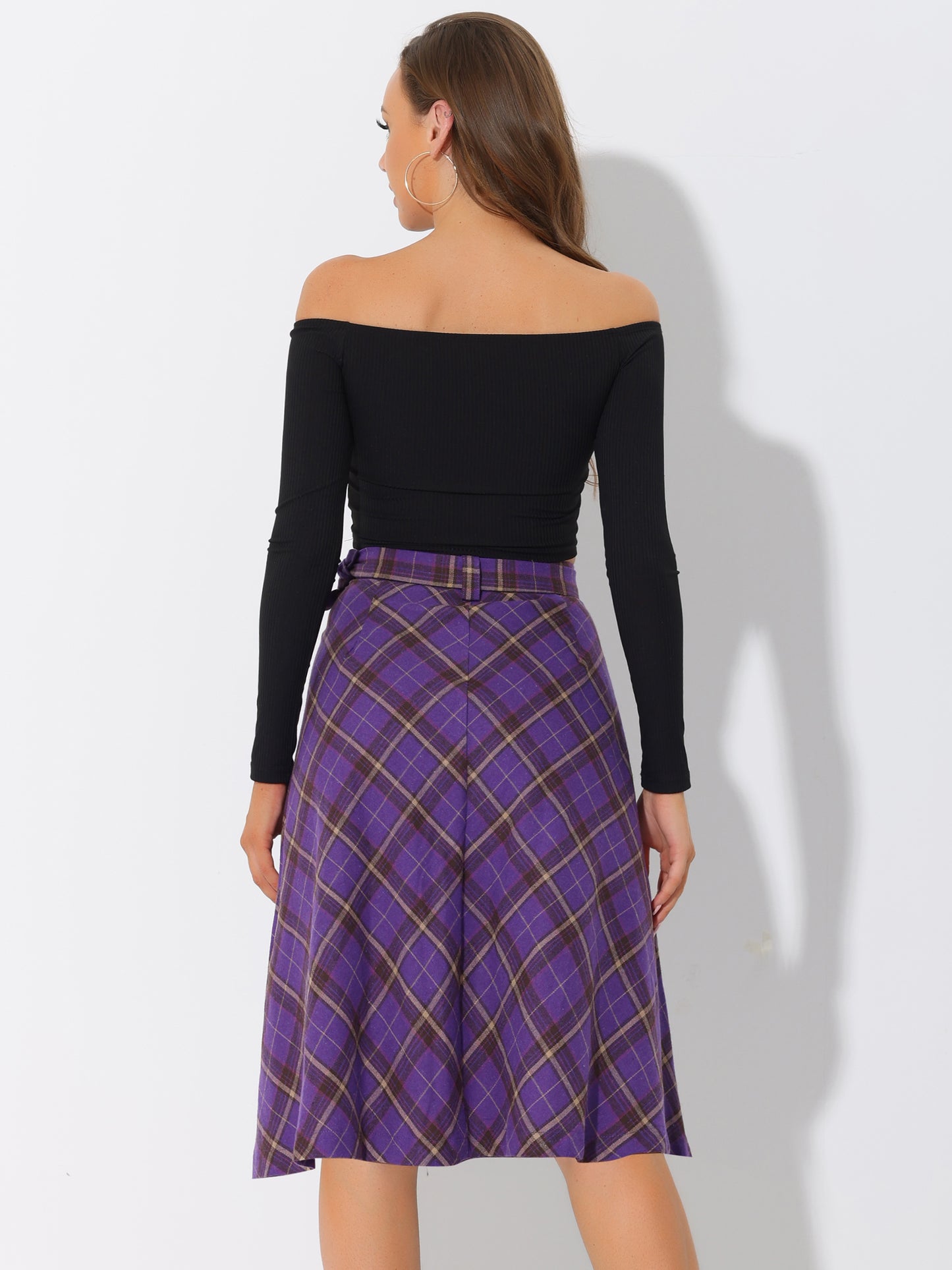 Women's Tartan Plaid High Waist Belted Vintage A-Line Midi Skirt
