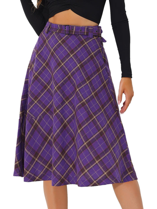 Women's Tartan Plaid High Waist Belted Vintage A-Line Midi Skirt