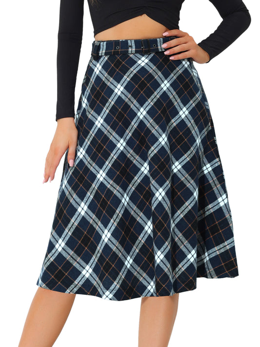 Falda midi vintage de corte A con cintura alta y cinturón para mujer con cuadros escoceses
