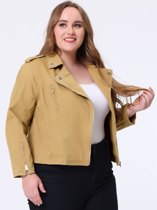 Women's Plus Size Denim Jackets Collar Inclined Zip Closure Biker Moto Jacket