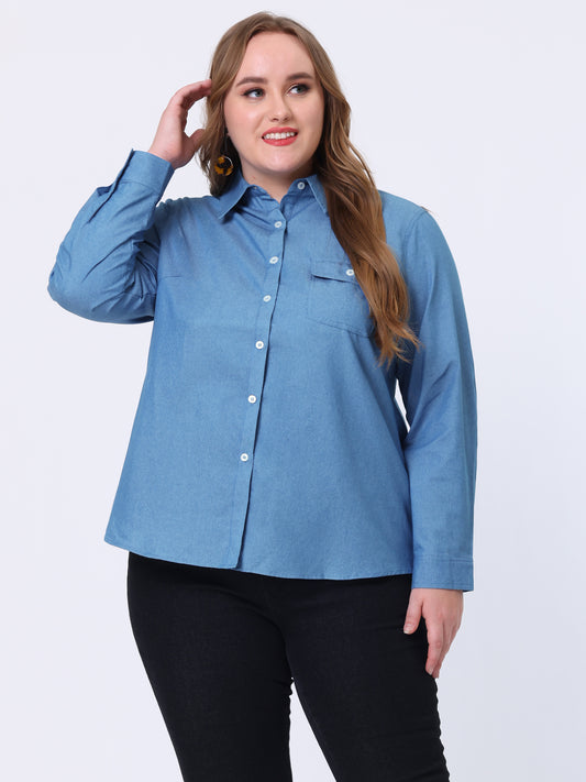 Women's Plus Size Button Down Long Sleeve Chest Pocket Chambray Shirt