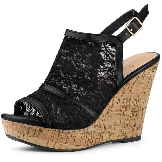 Women Lace Platform Heel Slingback Wedges Sandals