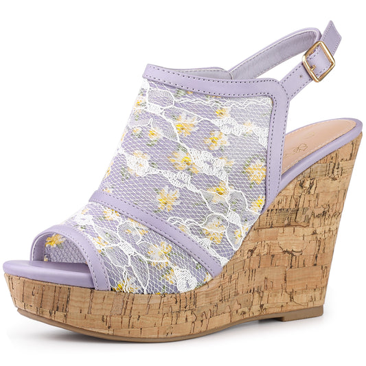 Women Lace Platform Heel Slingback Wedges Sandals