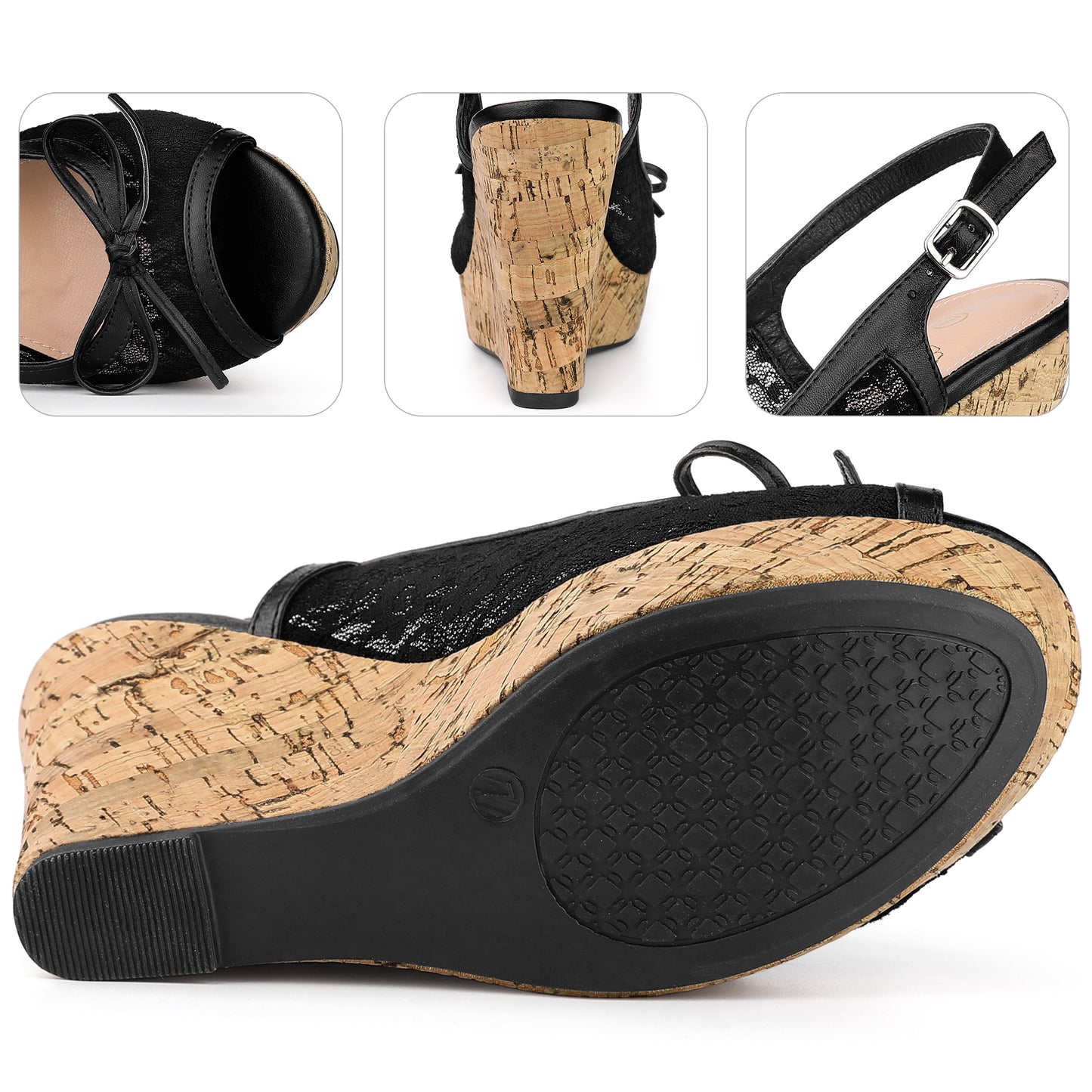 Women Platform Heels Lace Bow Slingback Wedge Sandals